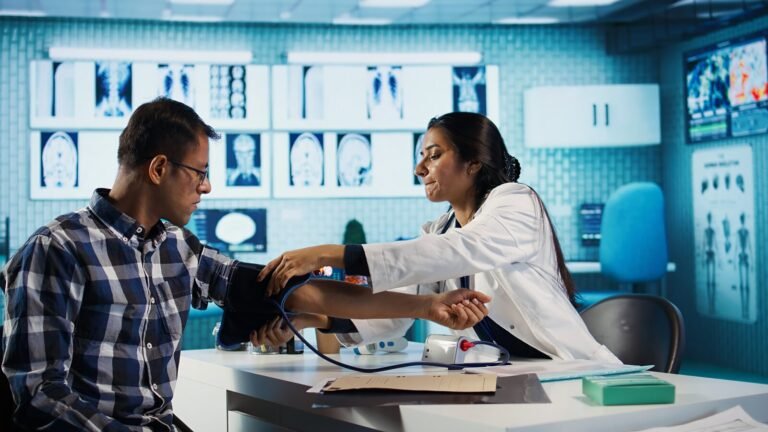 Doctor checking a patient's blood pressure in a clinic