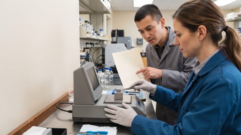 Two specialists checking first-run results beside a laboratory analyzer