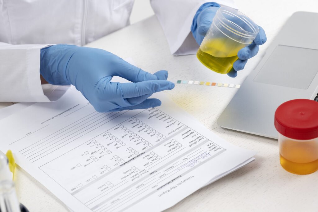 Laboratory technician examining a urine sample