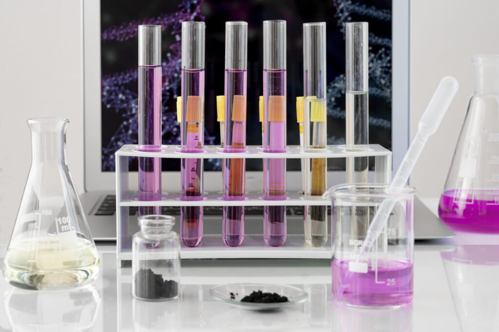 Laboratory consumables and sample tubes laid out on a bench