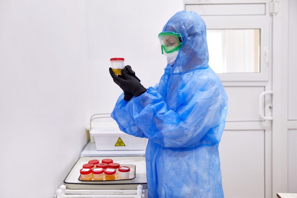 Lab technician checking a urine sample before microscopy