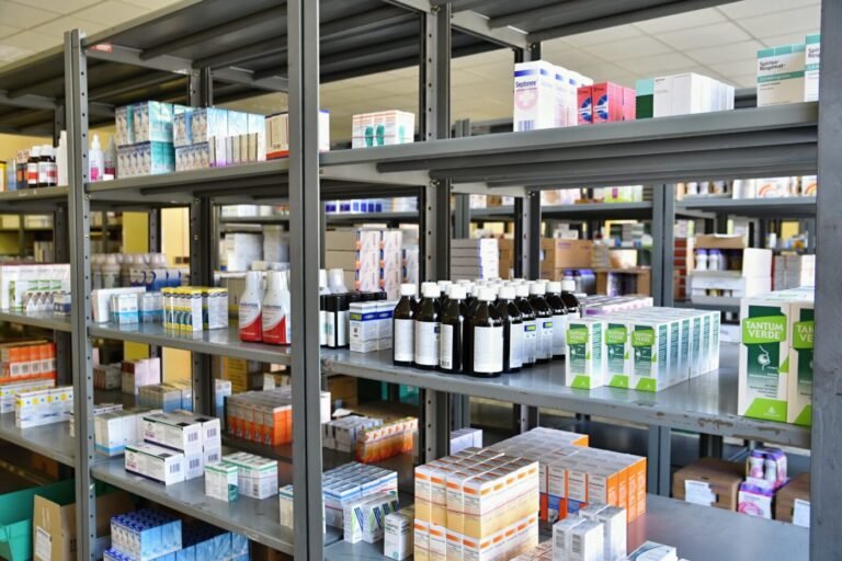 Shelves of medicines in a medical stores warehouse