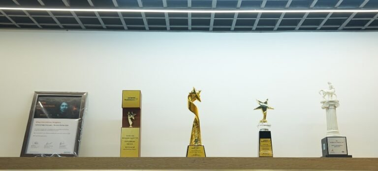 Awards on display at the Milap International office