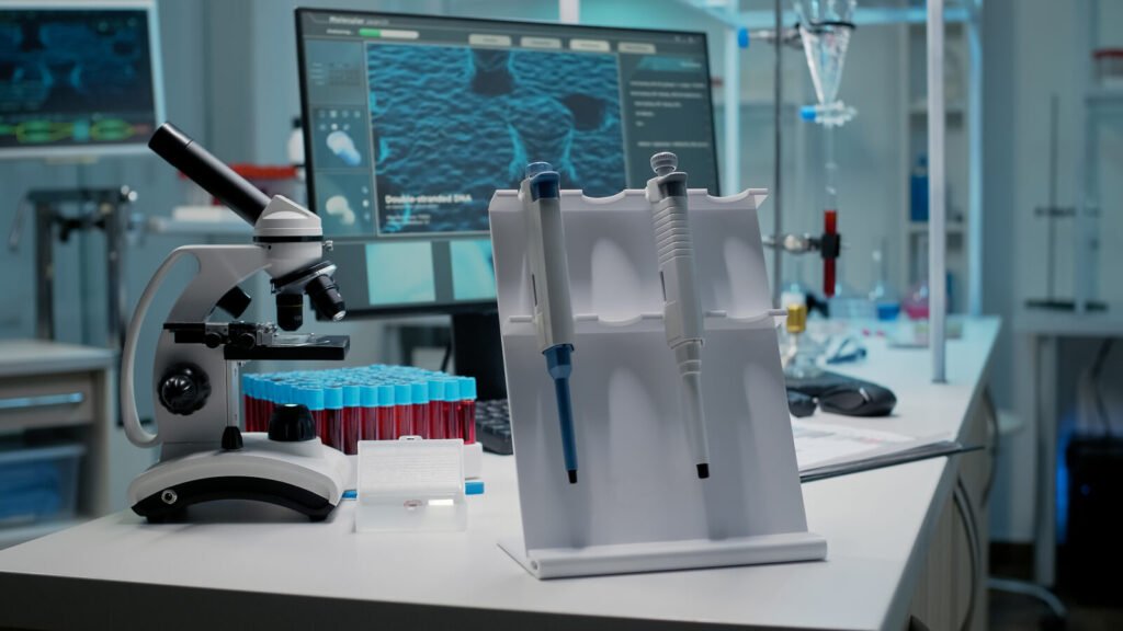 Clinical chemistry laboratory bench with pipette and sample tubes