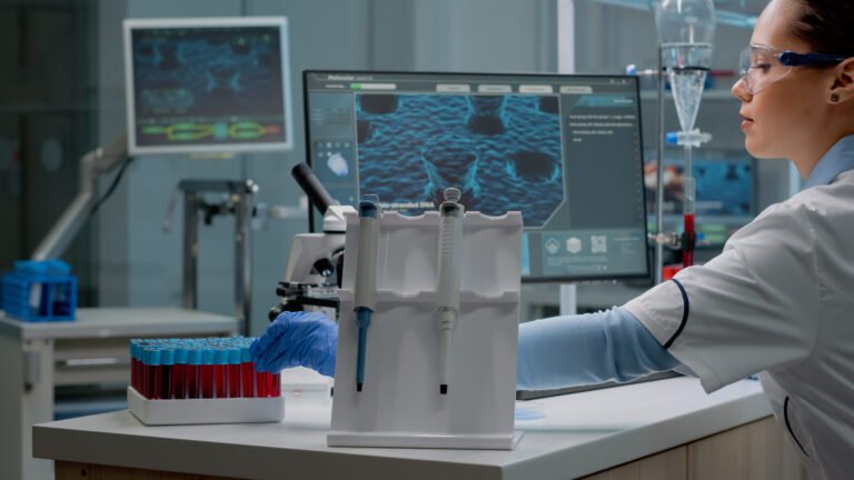 Laboratory scientist working with biochemistry equipment