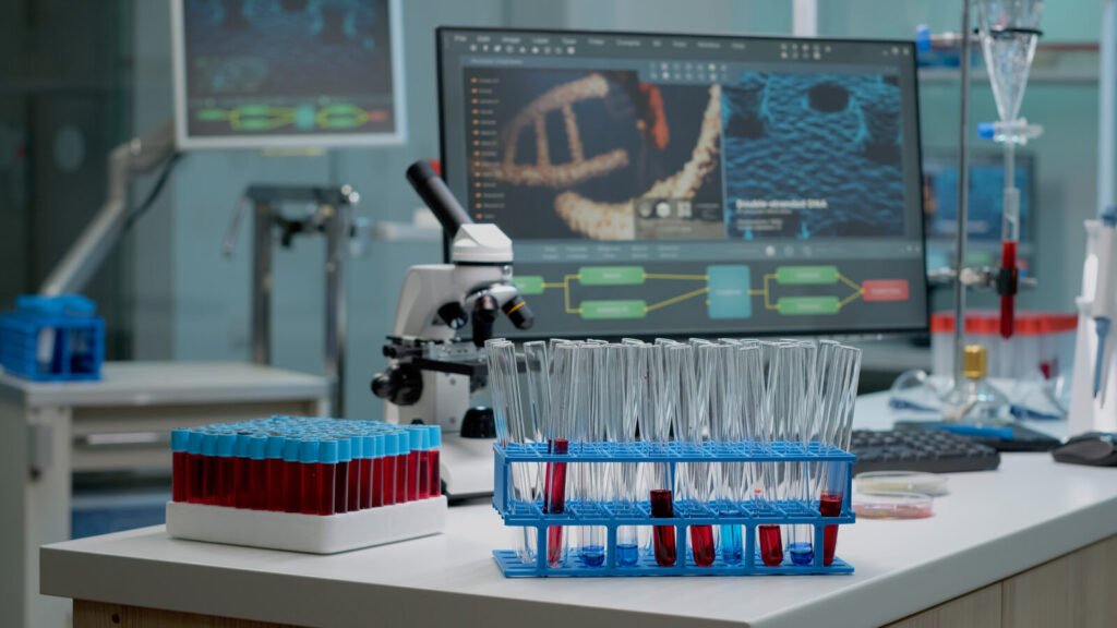 Blood sample tubes on a clinic laboratory desk