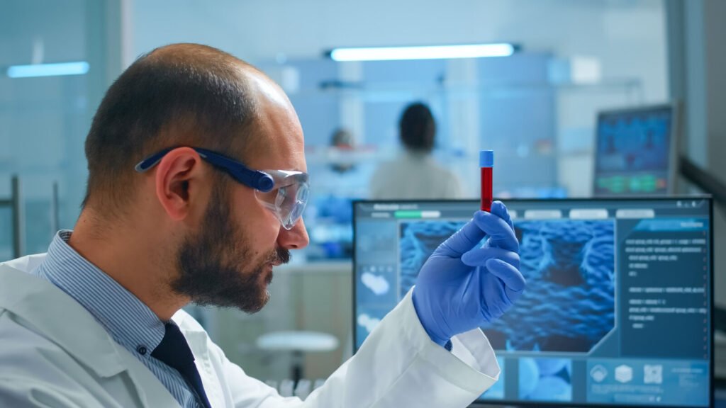 Lab technologist examining a blood sample tube