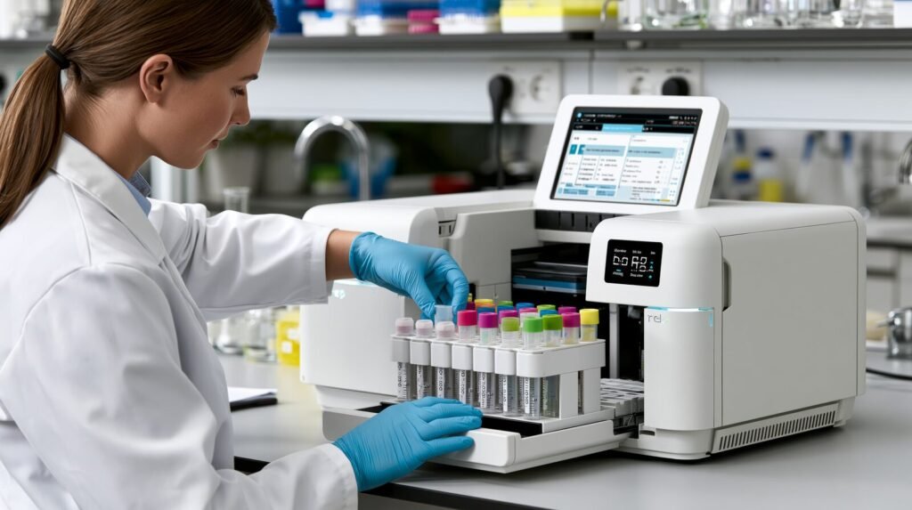 Technologist loading sample tubes into a benchtop immunoassay analyser