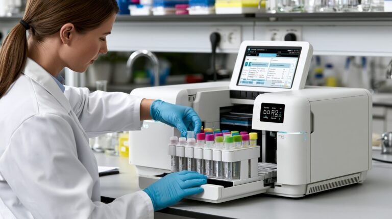 Technologist loading sample tubes into a benchtop immunoassay analyser