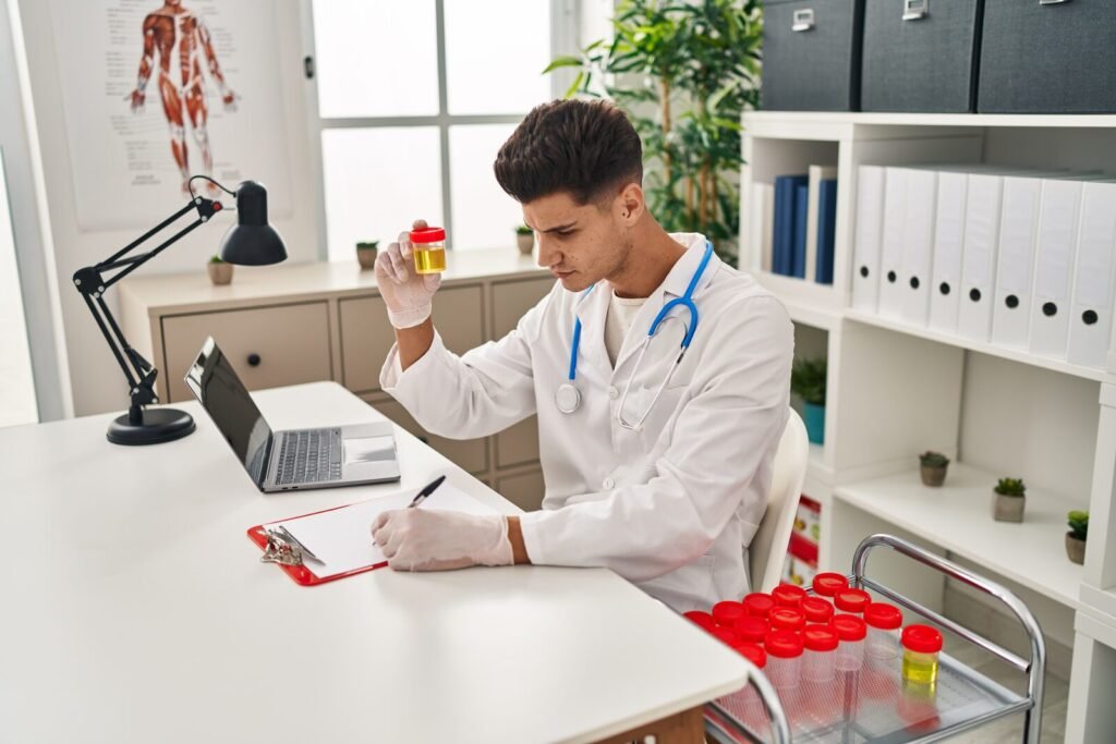 Doctor analysing a urine sample tube in a clinic