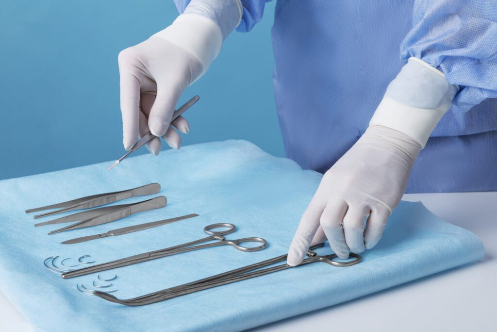 Tray of sterile surgical instruments ready for surgery
