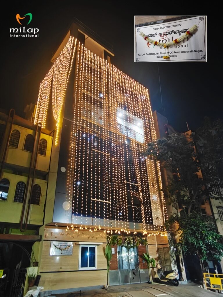 Milap International office building in Bengaluru lit up at night