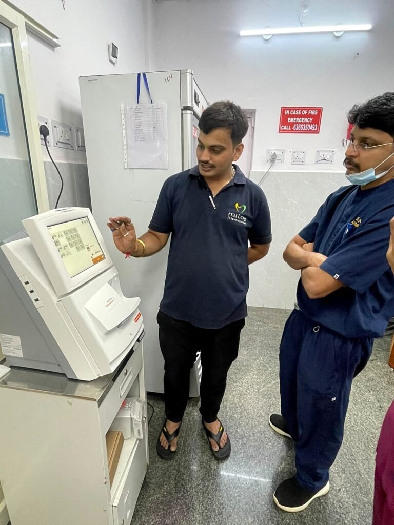 Milap engineer training ICU staff on the RAPIDPoint 500e blood gas analyzer at Command Hospital, Bengaluru