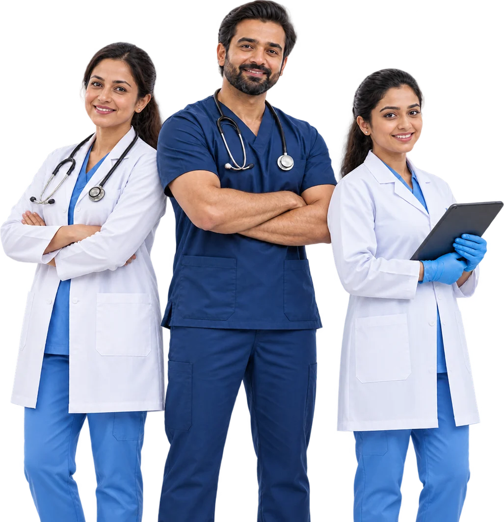 A doctor, a critical care specialist and a lab technician standing together