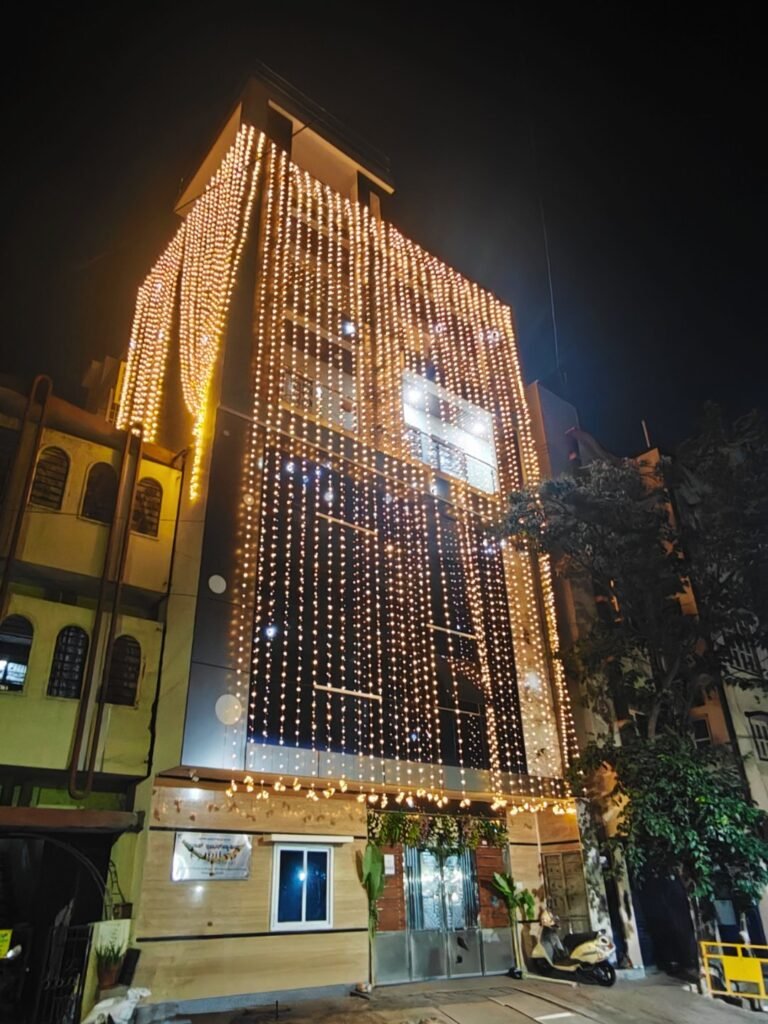 Milap International head office building in Bengaluru, lit up at night