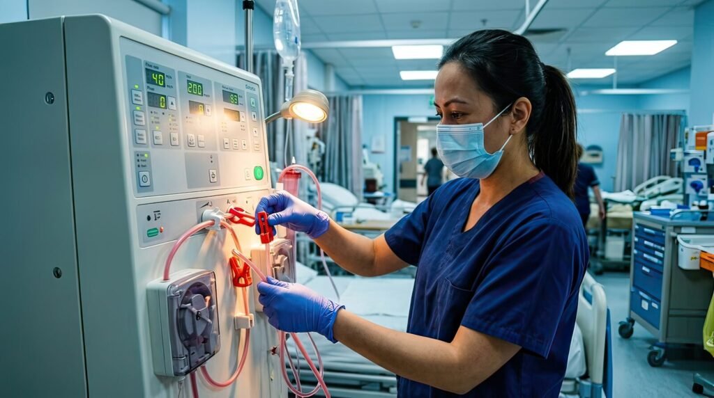 Nurse operating a dialysis machine in a hospital dialysis unit