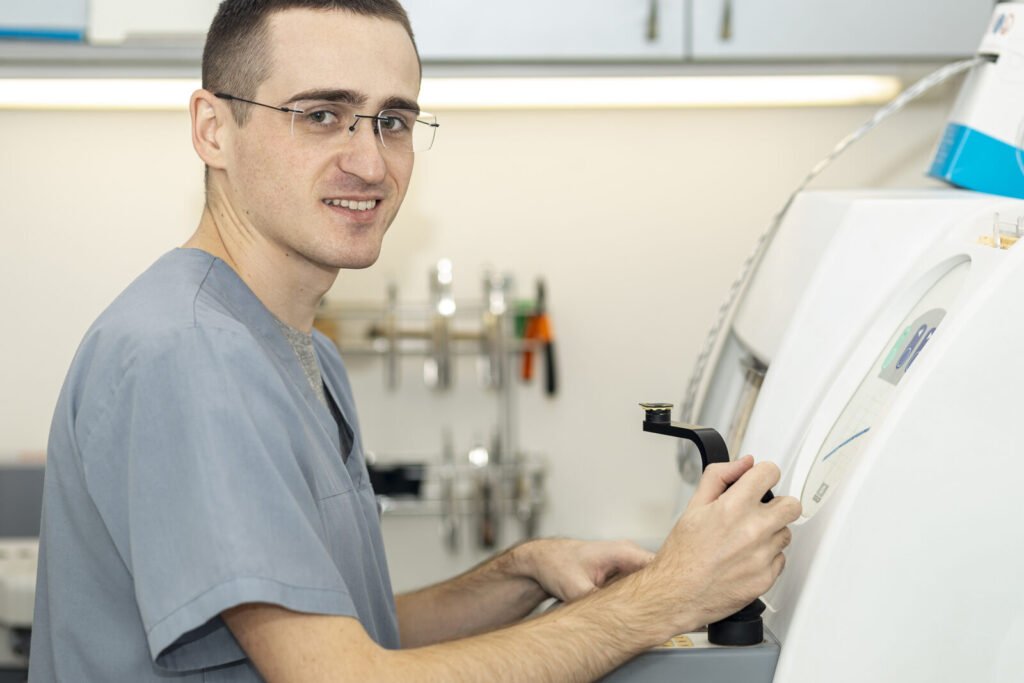 Service engineer working on medical equipment